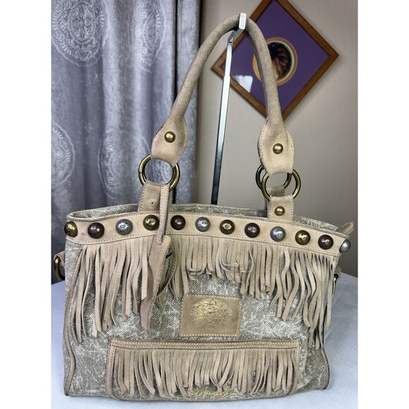 Ed Hardy Fringe Studded Purse Suede Leather Canvas Embroidered Boho Western - Picture 1 of 16